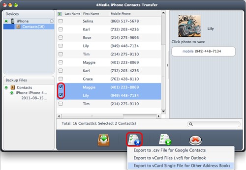 Export contacts to computer