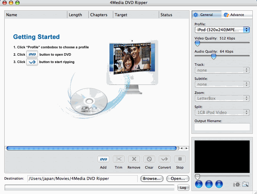 Can rip DVD video to video and audio files.