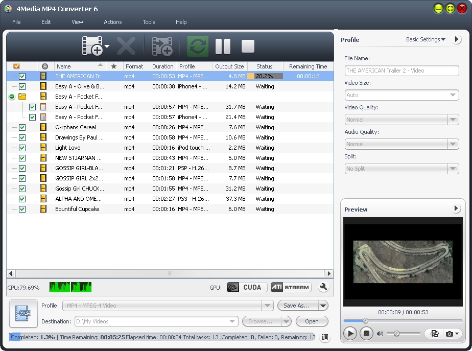 It can convert AVI, MPEG, DivX, MOV, RM, WMV, 3GP, VOB, VCD, DV to MP4 video.